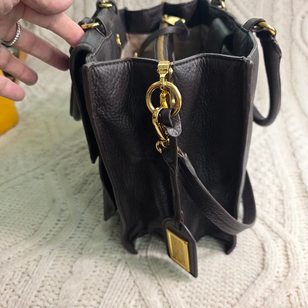 Badgley Mischka‎ Satchel Shoulder Bag Dark Brown Thick Pebbled Leather Gold Logo